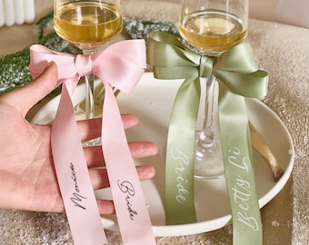 Custom Satin Ribbon Bows Ribbon Name Tags Personalized Wine Glass Ribbon Wedding Party Place Setting Ribbons,Drink Name Tags