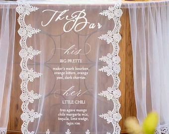 Fabric Bar Sign,Custom Lace Sheer Bar Sign, Wedding Bar Menu, Signature Cocktail & Drink Menu, Minimalist Bar, His and Hers Wedding Bar Sign
