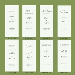 Pode incluir: Oito designs de placas de boas-vindas de casamento em um fundo verde. Cada placa apresenta os nomes "Axel & Keily" e detalhes do casamento. Os designs variam em fonte e layout, com datas e locais.