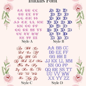 May include: A display of initial fonts, labeled Style A, B, C, and D. The fonts are in various colors, including purple, blue, and red. The image is decorated with floral elements and the text "Initials Font".