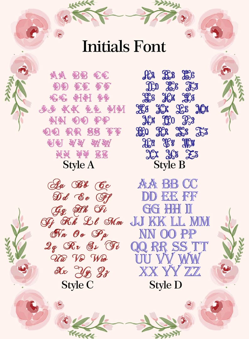 May include: A display of initial fonts, labeled Style A, B, C, and D. The fonts are in various colors, including purple, blue, and red. The image is decorated with floral elements and the text "Initials Font".