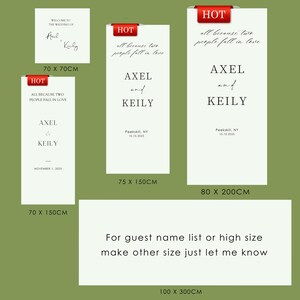 May include: A collection of wedding signs in various sizes, featuring names and dates. The signs are white with black text, some include the phrase "all because two people fall in love." Sizes include 70 x 70cm, 70 x 150cm, 75 x 150cm, 80 x 200cm, and 100 x 300cm.