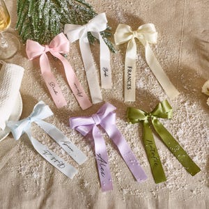 Può includere: Assortimento di fiocchi di nastro di raso in colori pastello, ciascuno con un nome stampato su una lunga coda. I colori includono rosa, bianco, azzurro, lavanda e verde. I fiocchi sono disposti su una superficie strutturata.