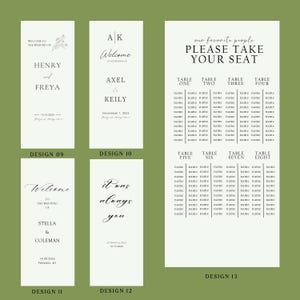 May include: A collection of wedding signage designs on a green background. The designs include welcome signs with names and dates, and seating charts. The text is in a variety of elegant fonts.
