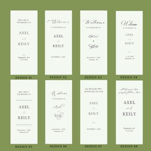 May include: Eight wedding welcome sign designs on a green background. Each sign features the names "Axel & Keily" and wedding details. The designs vary in font and layout, with dates and locations included.