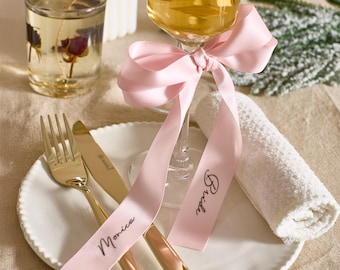Personalised Satin Ribbon Bows: Wedding Place Setting Name Ribbons Wine Glass Tie On Bow, Custom Wedding Champagne Glass Bow,Drink Name Tags