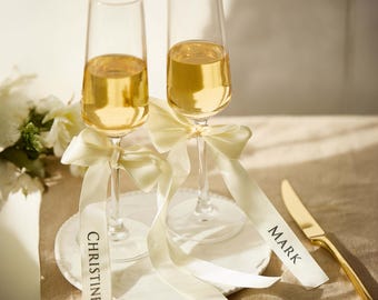 Personalised Satin Ribbon Bows: Wedding Place Setting Name Ribbons Wine Glass Tie On Bow, Custom Wedding Champagne Glass Bow,Drink Name Tags