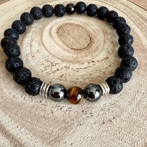 Balance Protection Bracelet, Lava Stone, Hematite and Tiger Eye, Mixed Jewelry, Handmade, Natural Stone, 8 mm Bead