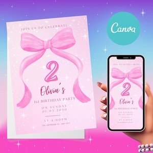 Editable Coquette Pink Bow Birthday Invitation: Canva Template (Digital Download