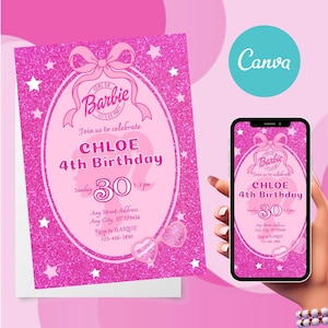 Editable Barbie Birthday Invitation: Pink Fashion Doll Party (Canva Template)