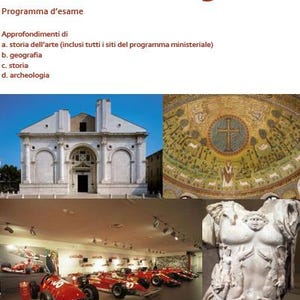 Può includere: Immagine promozionale per una guida sull'Emilia-Romagna, Italia, con testo in italiano. L'immagine presenta punti di riferimento architettonici e artistici e un elenco di argomenti di studio, tra cui storia dell'arte, geografia, storia e archeologia.