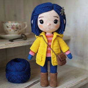 Puede incluir: Una muñeca de ganchillo con pelo azul oscuro, impermeable amarillo con capucha, suéter a rayas, pantalones azules y botas marrones. La muñeca lleva un pequeño bolso bandolera marrón y una pinza de pelo de libélula. Ojos negros y mejillas rosas.