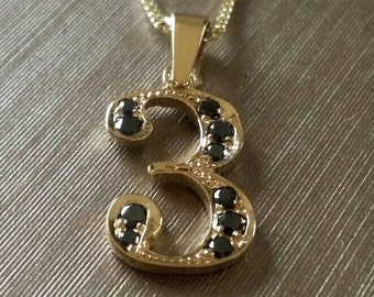 Number three gold pendant  with black diamonds, gold pendant, three pendant, gold number charm, diamonds, gold snd diamonds, gold necklace