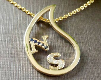 Gold initial necklace, diamobds,  sapphires, drop necklace, gold diamond and sapphire pendant,  letters gold necklace, personal necklace.