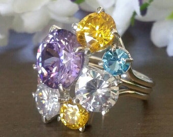 Multi stone ring, cocktail ring, silver ring, big ring, purple ring, stones ring, fun ring, anniversary ring, yellow ring.