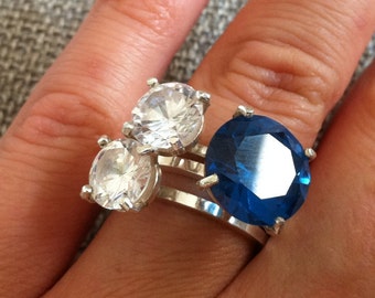 Stacking Rings, three rings, silver rings, Blue CZ, White CZ Stones.