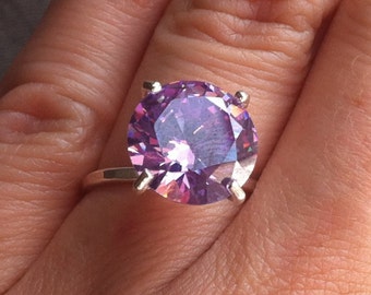 Purple Silver ring, Purple cz stone, Silver ring, Cocktail ring, Solitaire ring, Big ring, Clean look silver ring, Fashion ring, Cool ring.