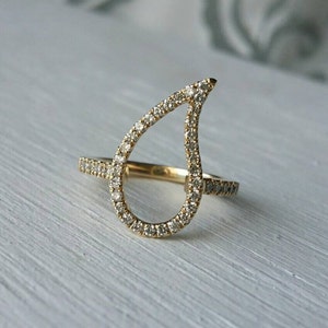14k gold paisley ring, diamond pinky ring women, 14k gold pinky ring, leaf ring diamond, pave diamond ring gold, gold pave teardrop ring image 4