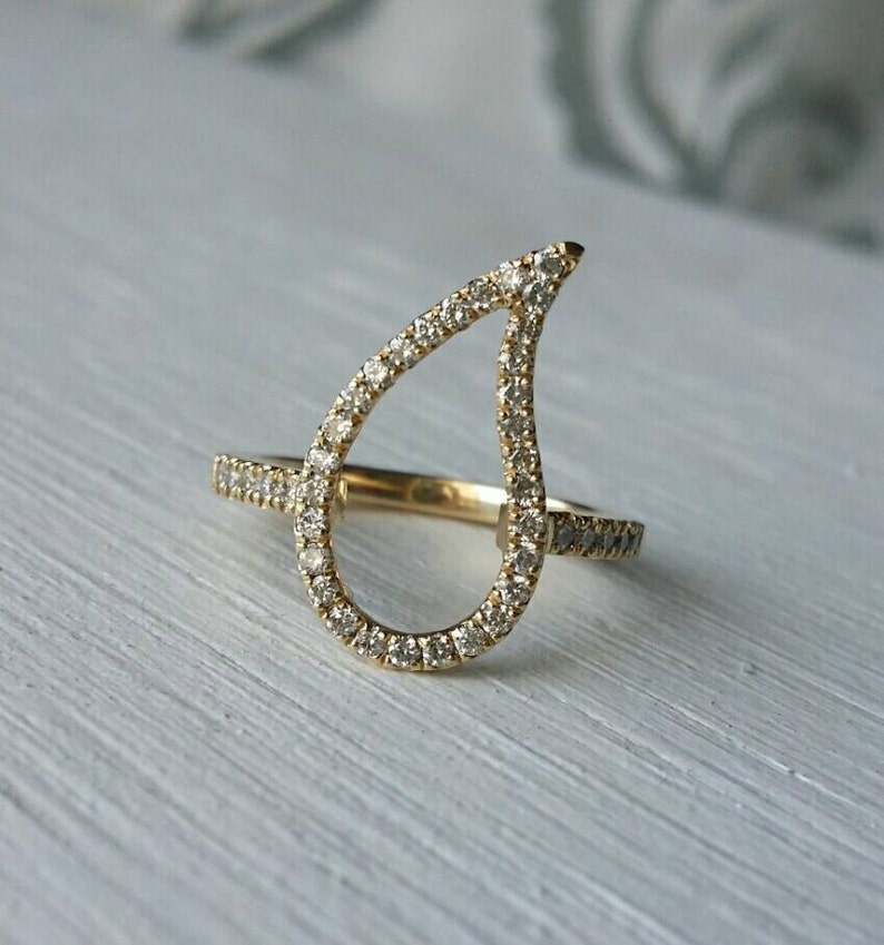 Anillo paisley de oro de 14k, anillo meñique de diamantes para mujeres, anillo meñique de oro de 14k, diamante de anillo de hoja, anillo de diamantes pavé de oro, anillo de lágrima de pavé de oro imagen 4