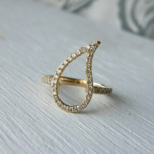 14k gold paisley ring, diamond pinky ring women, 14k gold pinky ring, leaf ring diamond, pave diamond ring gold, gold pave teardrop ring image 5