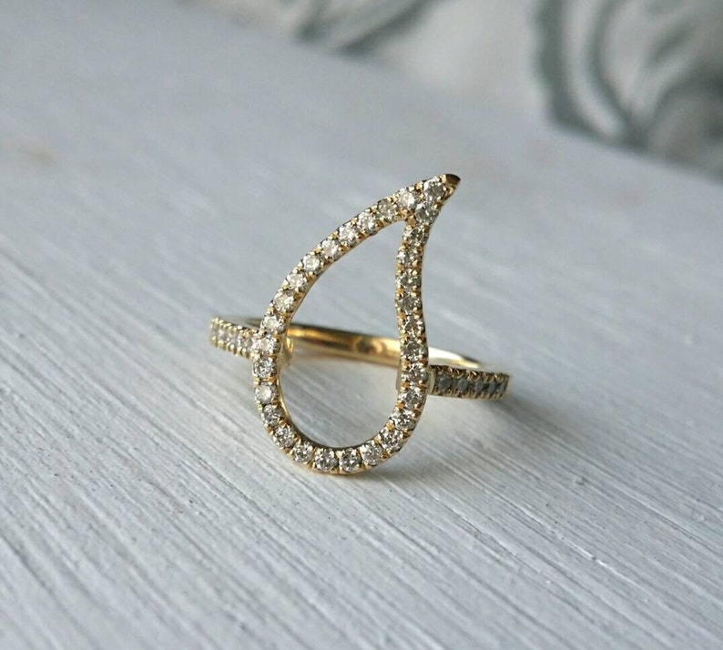 14k gold paisley ring, diamond pinky ring women, 14k gold pinky ring, leaf ring diamond, pave diamond ring gold, gold pave teardrop ring image 5