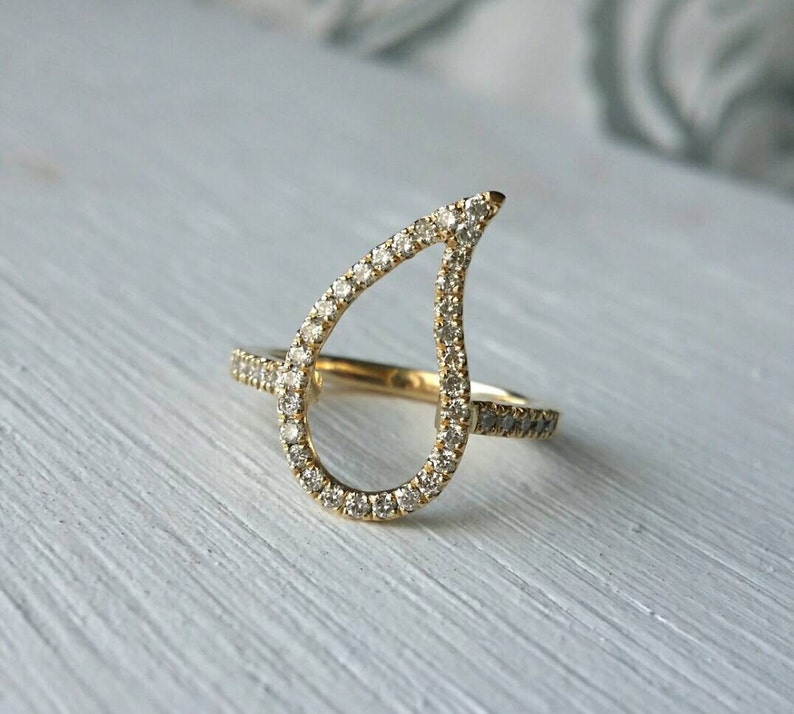 14k Gold Paisleyring, Diamant Pinky Ring Frauen, 14k Gold Pinky Ring, Blattring Diamant, Diamant pflastern Ring Gold, Gold pflastern Tropfenring Bild 5