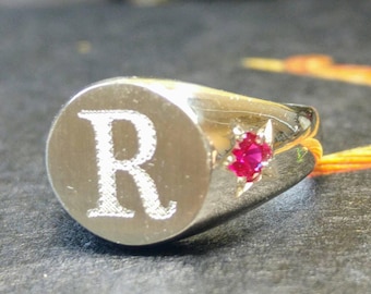 Silver pinky ring, Initial pinky ring with ruby, engraved initial pinky ring, fancy ring, personal ring, cool pinky ring, silver ring.