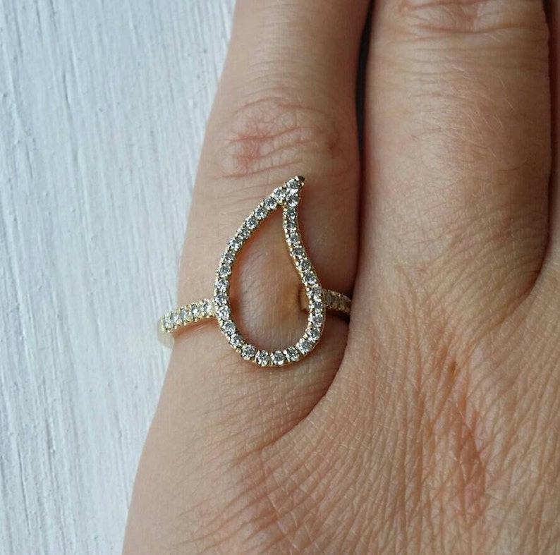 14k gold paisley ring, diamond pinky ring women, 14k gold pinky ring, leaf ring diamond, pave diamond ring gold, gold pave teardrop ring image 2