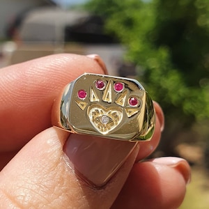 Gold pinky ring, 14K gold signed ring with natural ruby and diamond pinky ring, Unisex ring, mens pinky ring, womens pinky ring