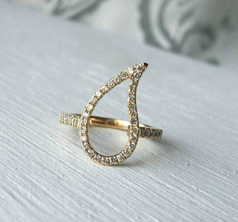 14k gold paisley ring, diamond pinky ring women, 14k gold pinky ring, leaf ring diamond, pave diamond ring gold, gold pave teardrop ring image 1