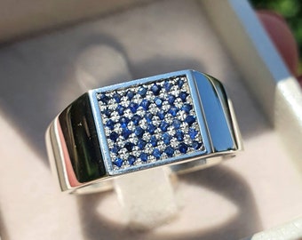 Sterling silver mens ring with square sapphire gemstones, mens promise ring, statement ring, square sapphire ring, multi stone mens ring