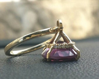 14K Gold dangle ring with purple amethyst and diamonds, Gold ring with gemstones, jewelry gift for an anniversary, fashion ring. Innaheiman