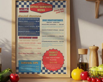Affiche de menu de survie au bureau - oeuvre d'art murale drôle de bureau, décoration étrange de cabine, décoration de bureau, impressions de bureau drôles grossières, cadeau unique pour un collègue