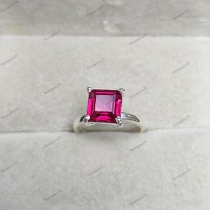 Square Cut Ruby Halo Ring, Solid Sterling Silver, Red Gemstone Anniversary Ring