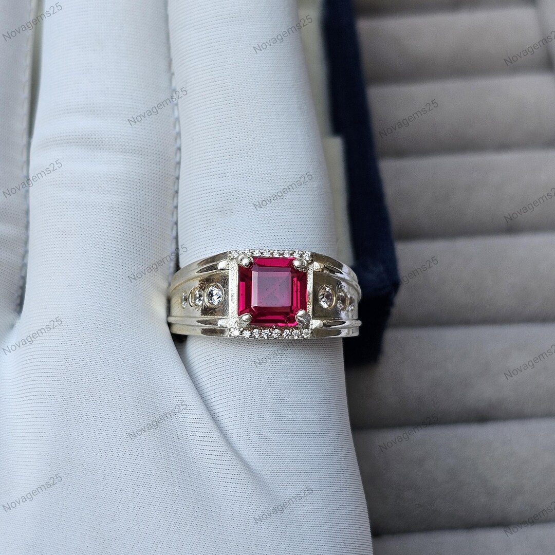 Square Cut Ruby Halo Ring, 925 Solid Sterling Silver Engagement Ring ...