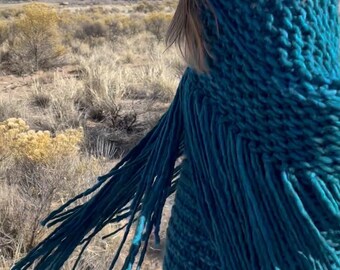 Hand knit bulky sweater blue teal with fringe