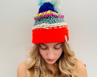 Beanie, handknit, handmade, knit beanie, snow hat, winter, warm, wool, yarn, ski hat, pointy beanie, Pom Pom, soft beanie