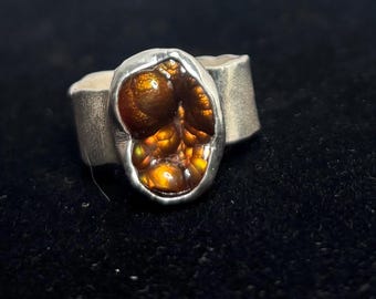 May include: A silver ring featuring a large, oval-shaped gemstone with a fiery, multi-toned appearance. The gemstone displays shades of brown, orange, and yellow, set in a simple, polished silver band. The ring is displayed against a dark background.