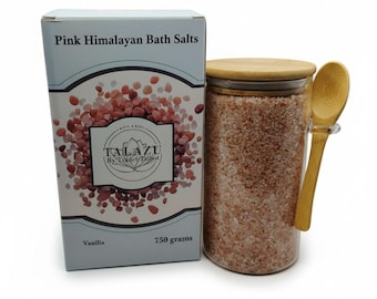 Sales de baño del Himalaya rosadas con aroma a vainilla (para baño de inmersión), listas para regalar, con tapa de bambú reutilizable en frasco de vidrio.