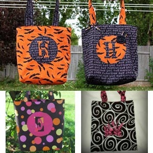 May include: Four Halloween-themed tote bags with different patterns and personalized initials. The bags are made of fabric and have a simple design. The patterns include orange and black bats, black and white polka dots, black and white swirls, and a black and purple floral pattern.