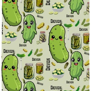 May include: A light green pattern featuring cartoon pickles with smiling faces, jars of pickles, pickle slices, and the word "DEVON". The design includes pickles on forks and a light green background.