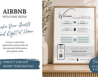Editable Airbnb Welcome Sign Template | Canva Airbnb Welcome Guide | QR Code Guest Guidebook | Blue