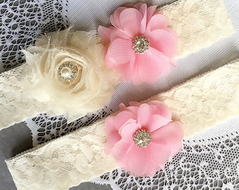 Soft Pink Rustic Ivory Vintage Lace Wedding Garter Belt Set w Pearls Victorian Blush Pale Rose Baby Petal Dusty Twine