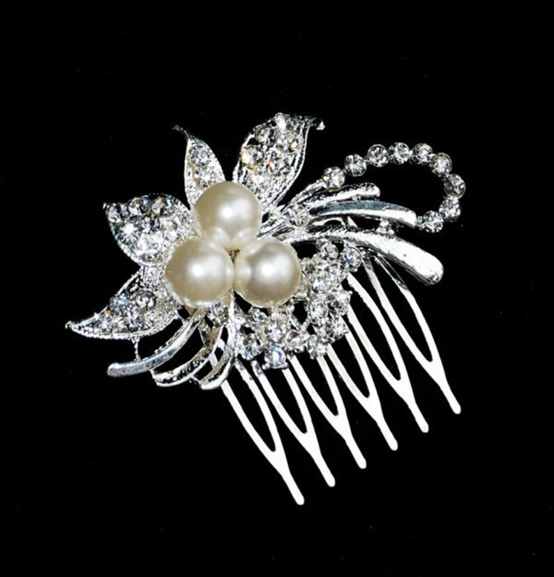 Rhinestone and Pearl Bridal Hair Comb Wedding Jewelry Crystal Flower Side Tiara EVETTE Collection FREE Shipping US CM004Lx image 1