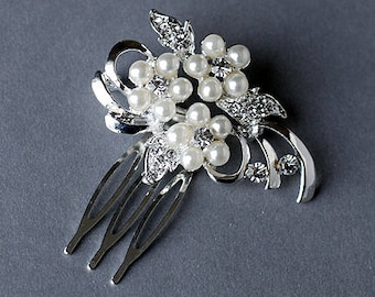 Rhinestone and Pearl Bridal Hair Comb Wedding Jewelry Crystal Flower Side Tiara CM040LX