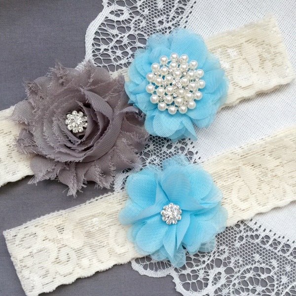 Wedding Garter Belt Set Bridal Garter Set Ivory Lace Garter Belt Light Blue Garter Set Rhinestone Crystal Pearl Garter GR187LX