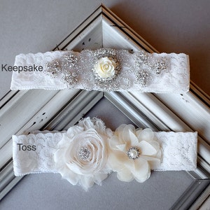 Wedding Garter Belt Set Bridal Garter Set Ivory Lace Garter Belt Lace Garter Set Rhinestone Crystal Rose Center Garter GR108LX image 2