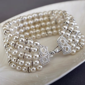 Bridal Pearl Rhinestone Bracelet Crystal Bracelet White Gold Filled Crystal Clasp Wedding Jewelry White or Ivory Pearl BL071LX
