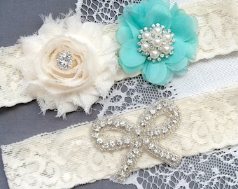 Wedding Garter Set Bridal Garter Set Teal Blue Lace Garter Set Ribbon Bow Rhinestone Crystal Pearl Garter Beach Wedding GR170LX