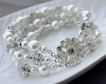 Verkauf Hochzeits-Perle Strass Armband Triple Stränge Armband Kristall Hochzeit Schmuck weiß oder Elfenbein-BL067LX